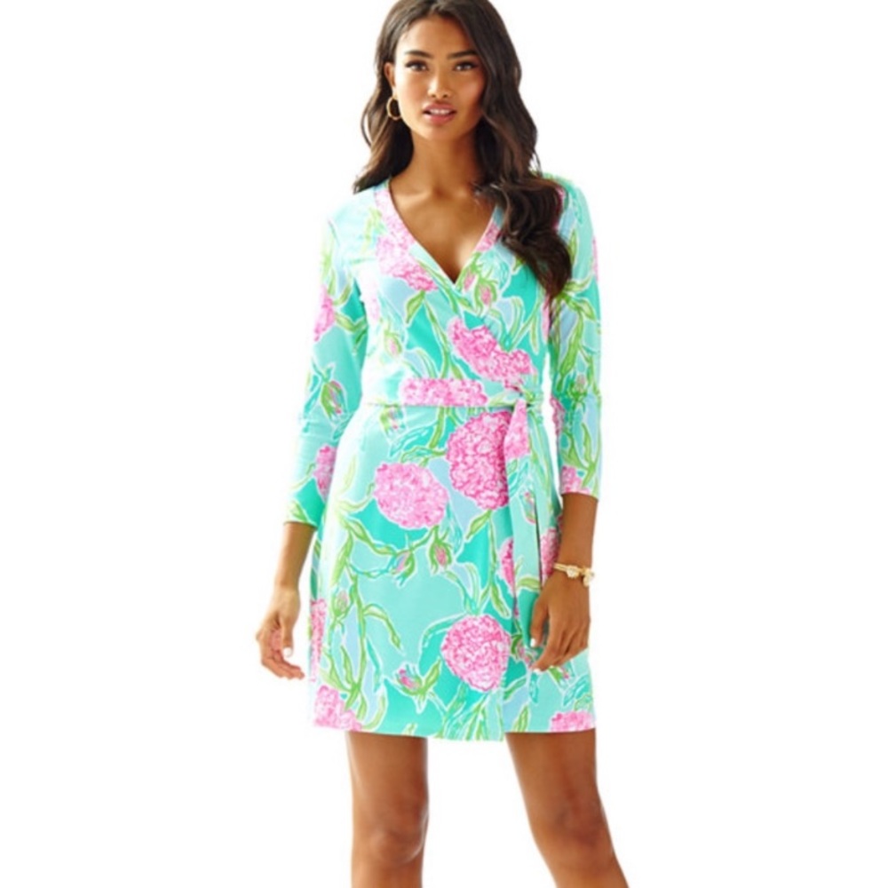 Lilly Pulitzer Aqua Pink Floral Wrap Dress